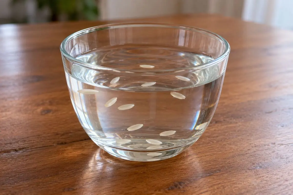 Glass bowl with water on a wooden table and several grains of rice floating on the surface.