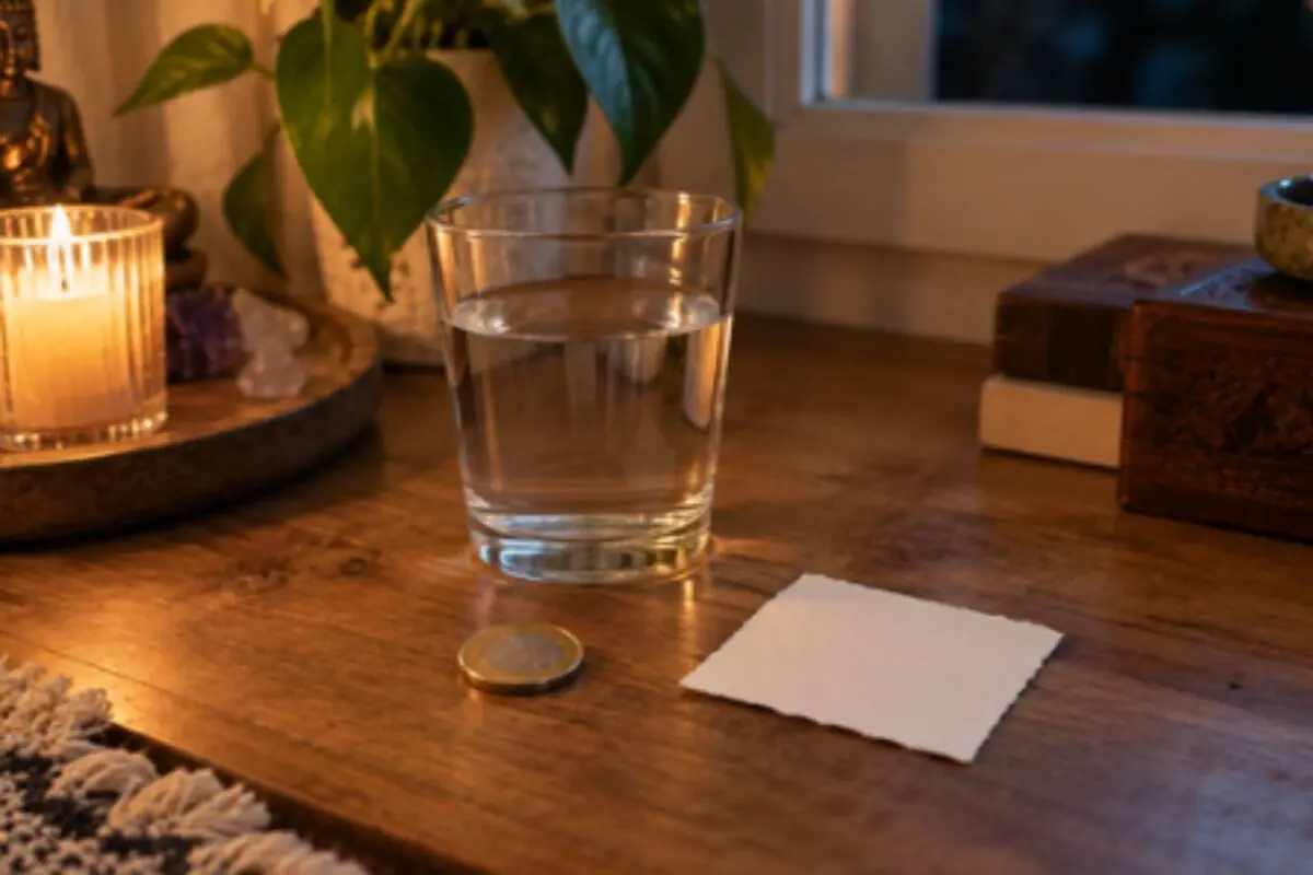 Glass of water on a wooden table next to a coin, a lit candle, a plant, and a small piece of paper in a cozy setting. Glass of water on a wooden table next to a coin, a lit candle, a plant, and a small piece of paper in a cozy setting.