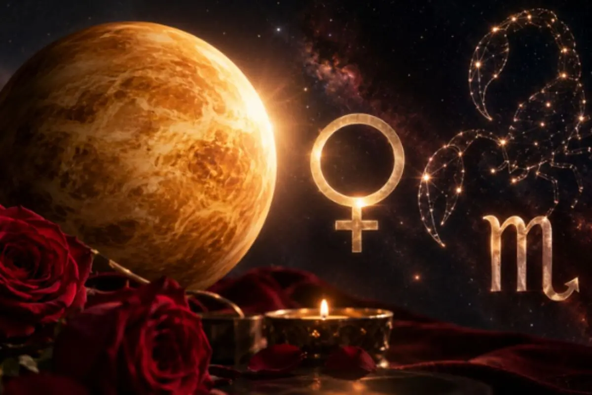 Planet Venus alongside golden Venus and Scorpio symbols with red roses and lit candles against a starry sky background. Planet Venus alongside golden Venus and Scorpio symbols with red roses and lit candles against a starry sky background.