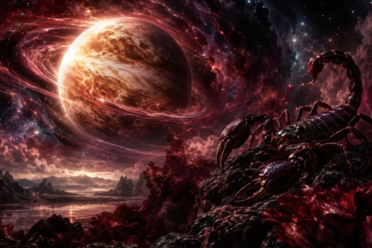 Dark giant scorpion over an alien rocky landscape with a reddish planet and glowing cosmic clouds in the background. Dark giant scorpion over an alien rocky landscape with a reddish planet and glowing cosmic clouds in the background.