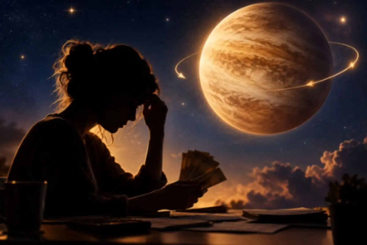 Thoughtful woman counting bills at a table while a large glowing planet floats in the starry sky in the background.