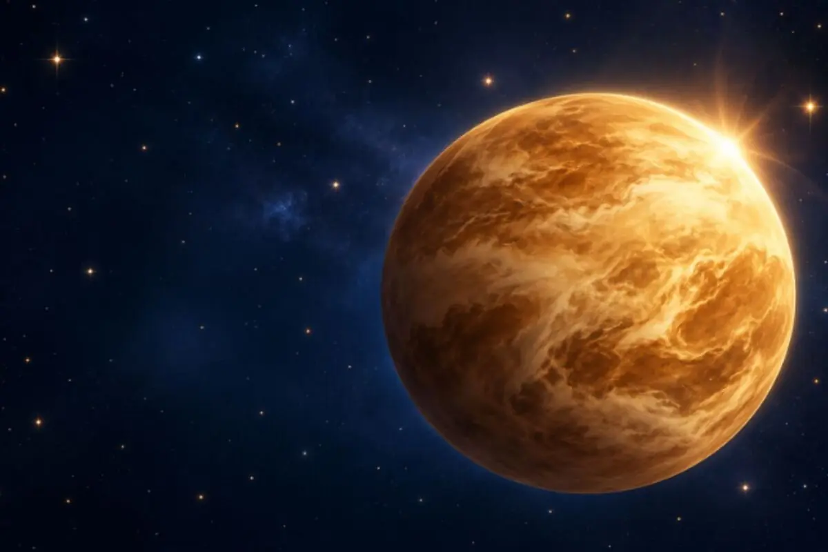 Illustration of a yellow-orange planet covered in dense clouds glowing in space, surrounded by stars against a dark blue background.