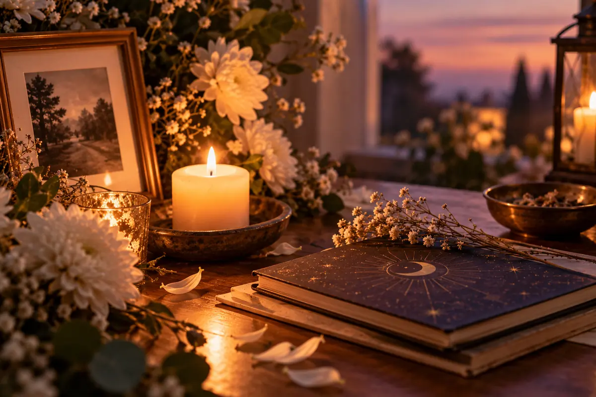 Cozy table at sunset with lit candles, white flowers, and a dark notebook with a moon and stars design