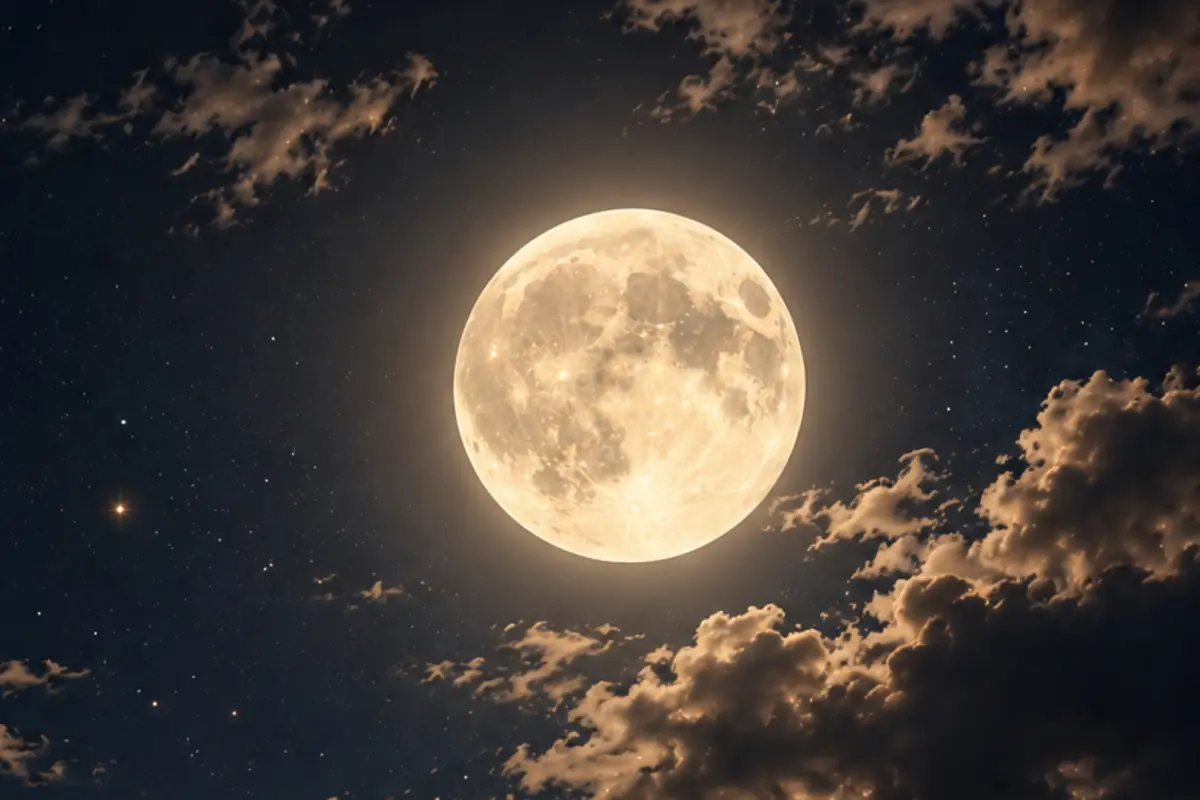 Bright full moon in the night sky surrounded by clouds and stars Bright full moon in the night sky surrounded by clouds and stars