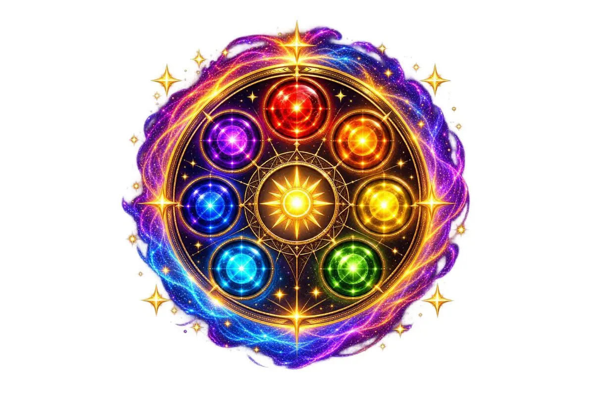 Circular magical mandala with nine brightly colored orbs surrounding a central golden sun, surrounded by sparks and multicolored cosmic energy on a white background