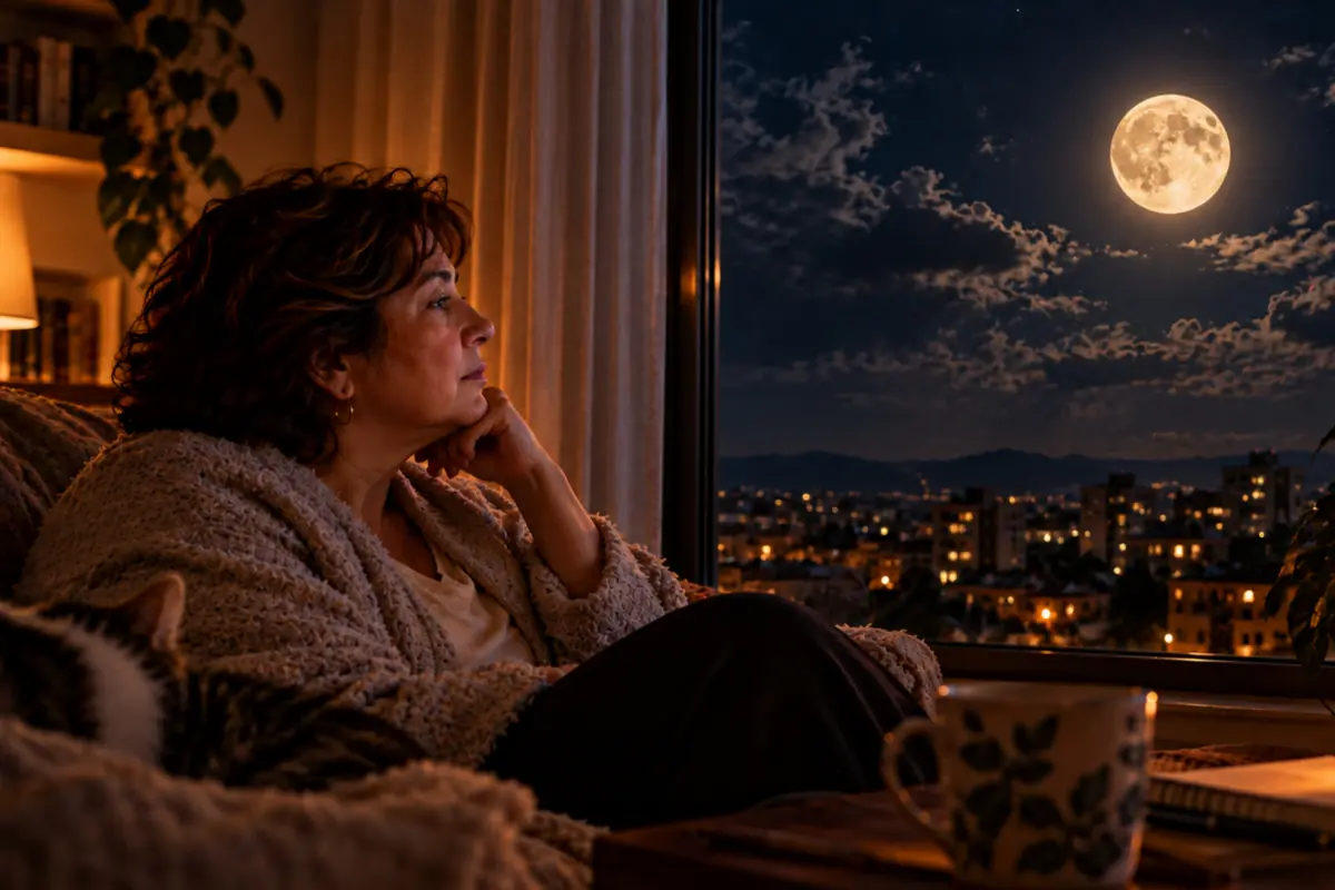 Woman sitting on a sofa thoughtfully gazing at the full moon over the illuminated city through a large window while resting with a blanket and a cup of hot drink on the table Woman sitting on a sofa thoughtfully gazing at the full moon over the illuminated city through a large window while resting with a blanket and a cup of hot drink on the table