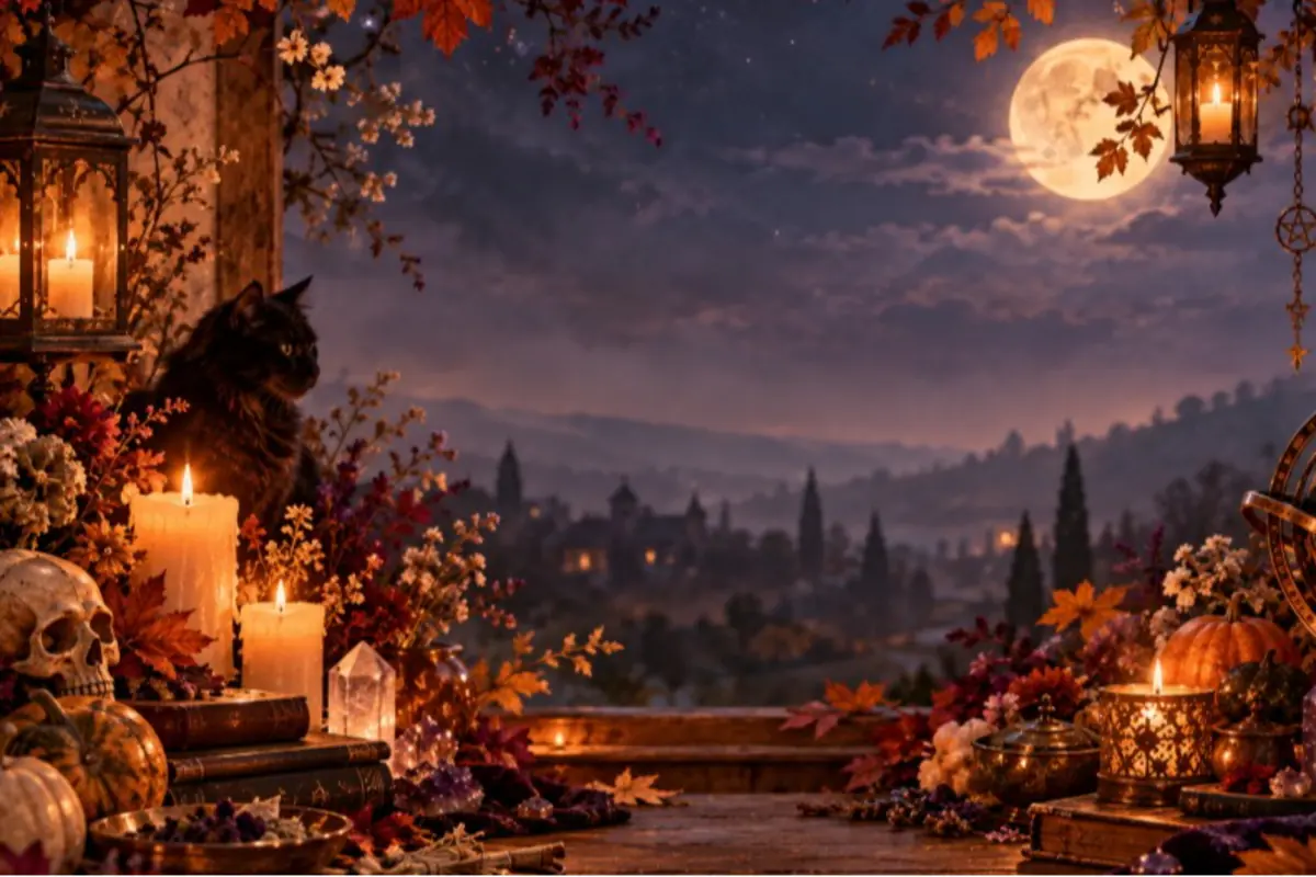 Magical autumn scene with a black cat among candles, pumpkins, skulls, dried flowers, and crystals on a table in front of a nighttime landscape with a full moon and a lit-up village in the background