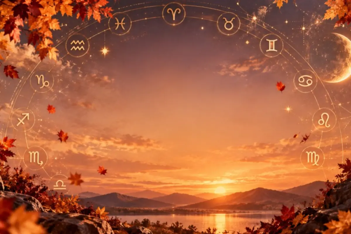 Autumn landscape at sunset with zodiac symbols forming a luminous arch over mountains and a lake