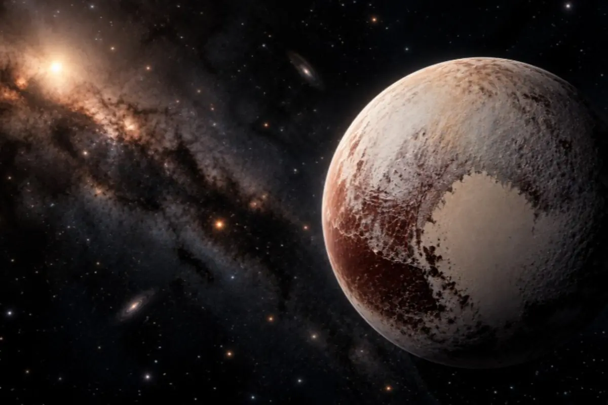 Dwarf planet with an icy, brown surface in the foreground against a background of stars and dust clouds in deep space Dwarf planet with an icy, brown surface in the foreground against a background of stars and dust clouds in deep space