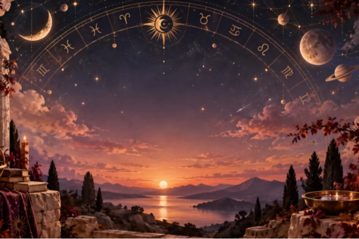 Mystical sunset landscape with the sun setting over a sea surrounded by mountains, a starry sky with zodiac signs and planets shining above a stone terrace with candles and a golden bowl