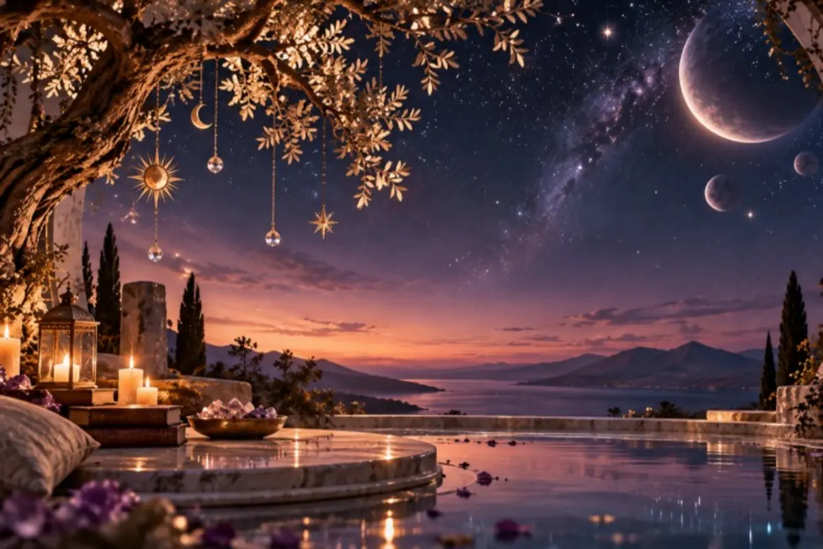 Terrace next to a candlelit pool with a tree decorated with golden moons and stars, facing a night sky full of galaxies and several planets above a calm sea at sunset