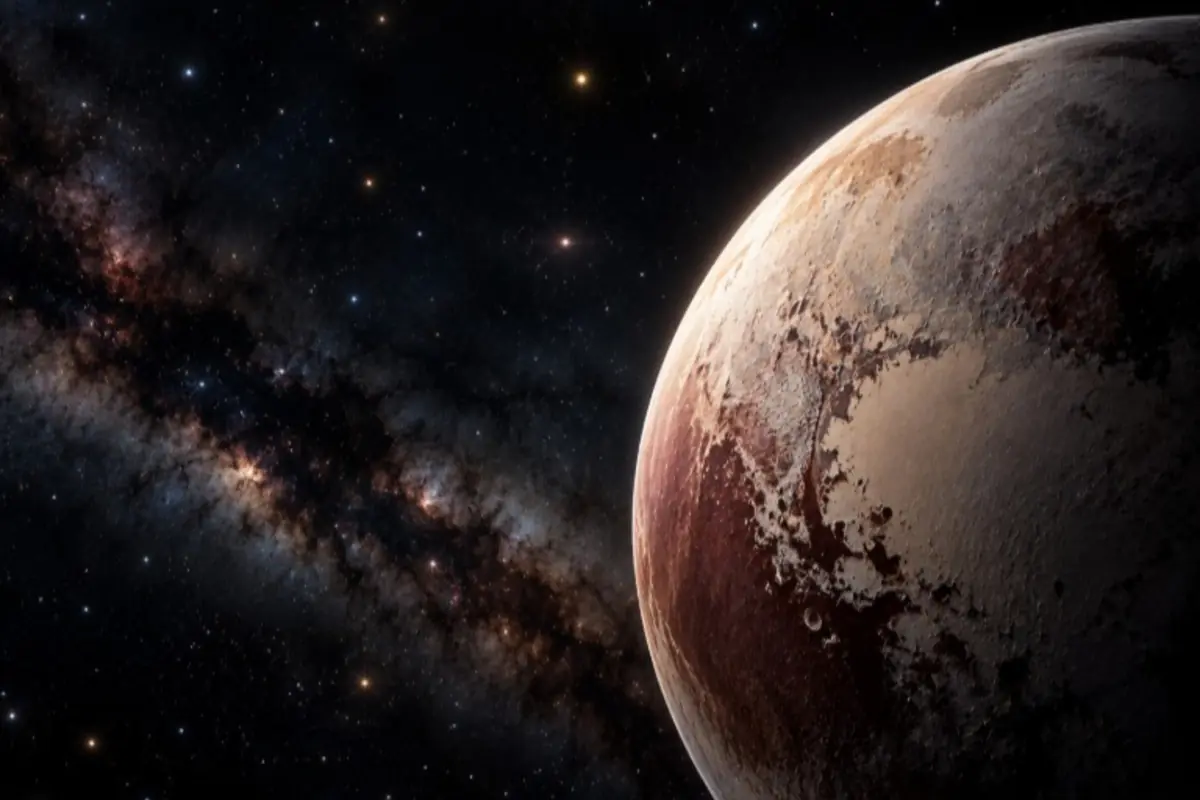 Planet in the foreground with a brown, icy surface against a star-filled sky and a bright band of the Milky Way Planet in the foreground with a brown, icy surface against a star-filled sky and a bright band of the Milky Way