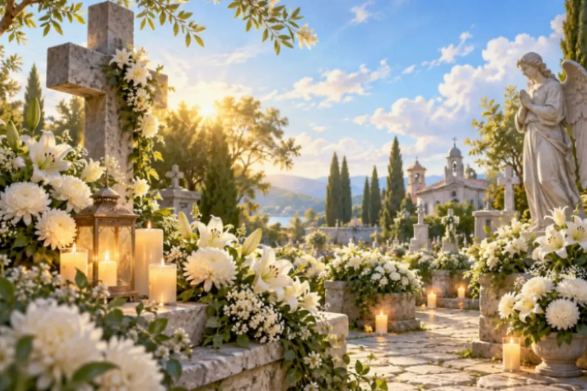 Cemetery lit at sunset with burning candles, white flowers, and angel statues among stone graves.