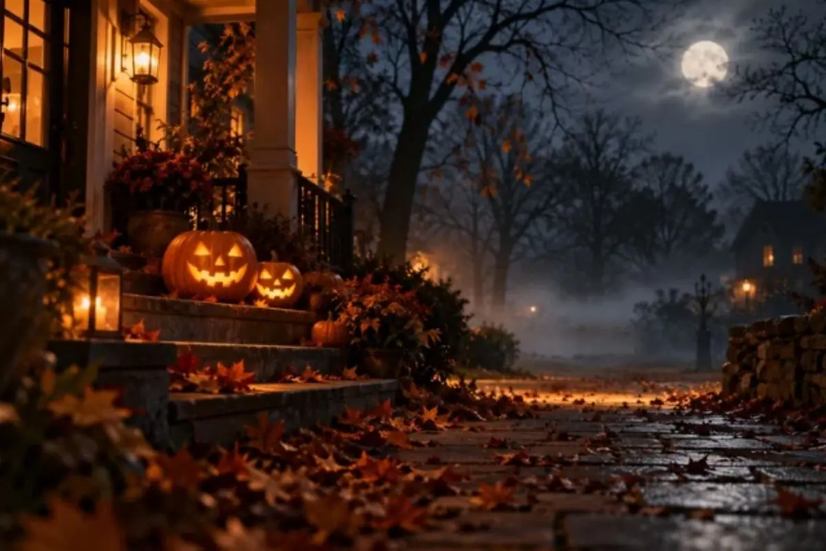 House entrance decorated for Halloween with illuminated carved pumpkins on the steps, autumn leaves on the ground, and a full moon between bare trees on a foggy night. House entrance decorated for Halloween with illuminated carved pumpkins on the steps, autumn leaves on the ground, and a full moon between bare trees on a foggy night.