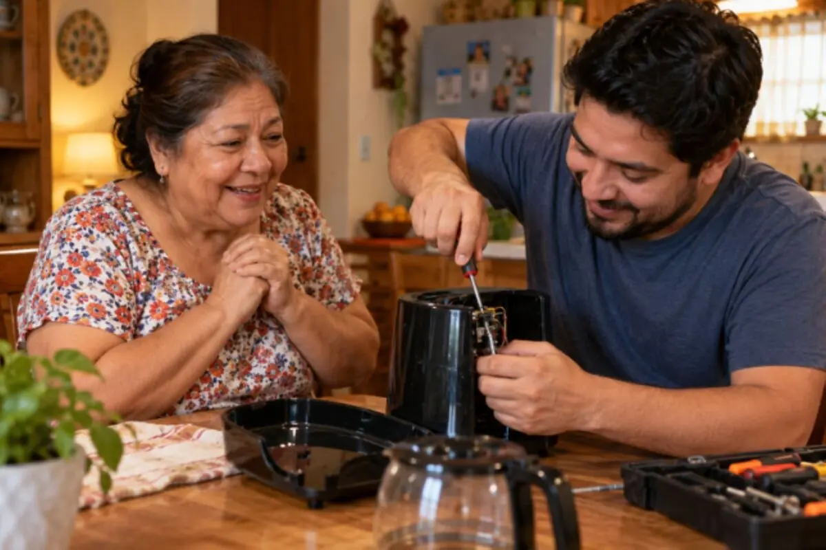 Young man repairs a coffee maker with a screwdriver while an older woman watches him smiling in the kitchen. Young man repairs a coffee maker with a screwdriver while an older woman watches him smiling in the kitchen.