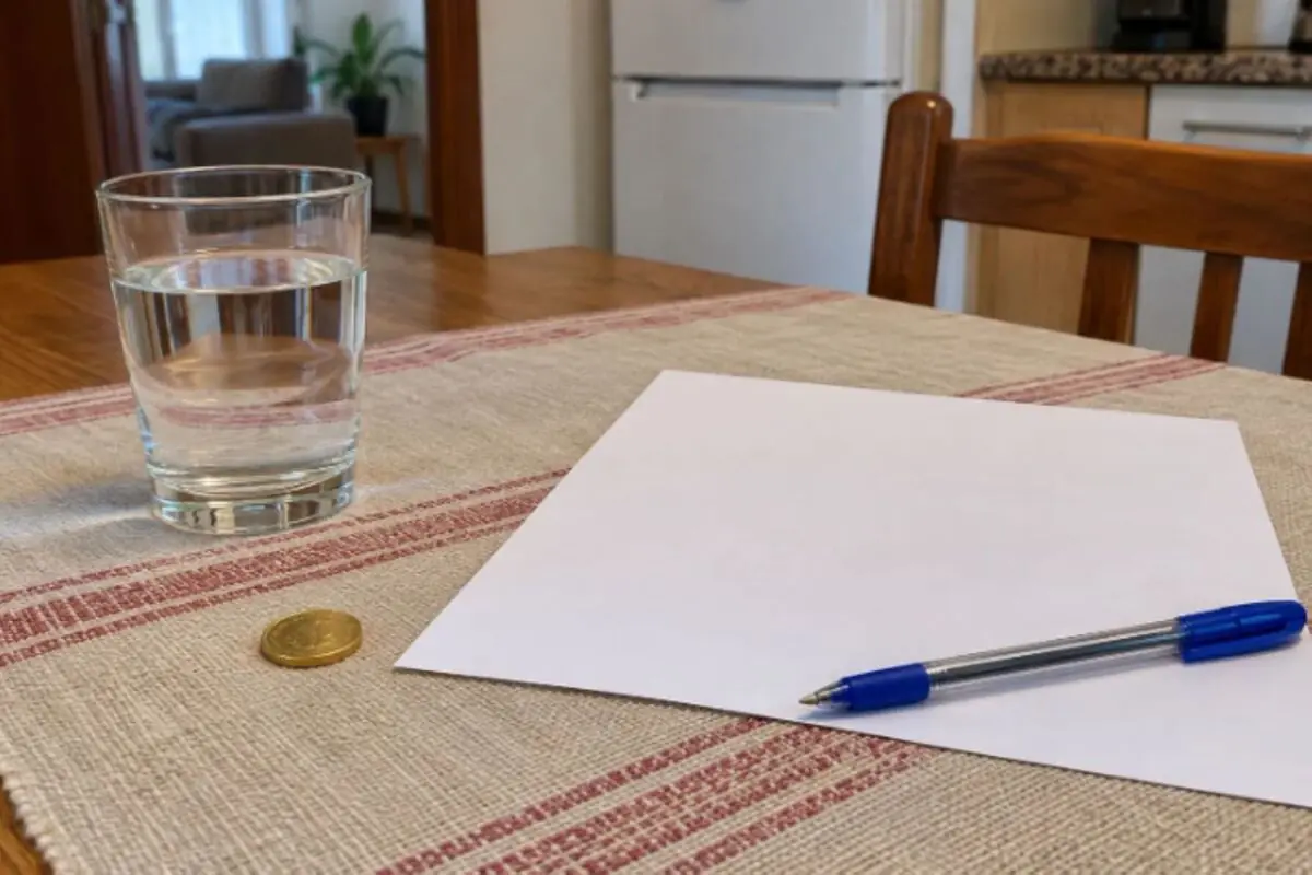 Glass of water, coin, blank sheet of paper, and blue pen on a tablecloth on a kitchen table. Glass of water, coin, blank sheet of paper, and blue pen on a tablecloth on a kitchen table.
