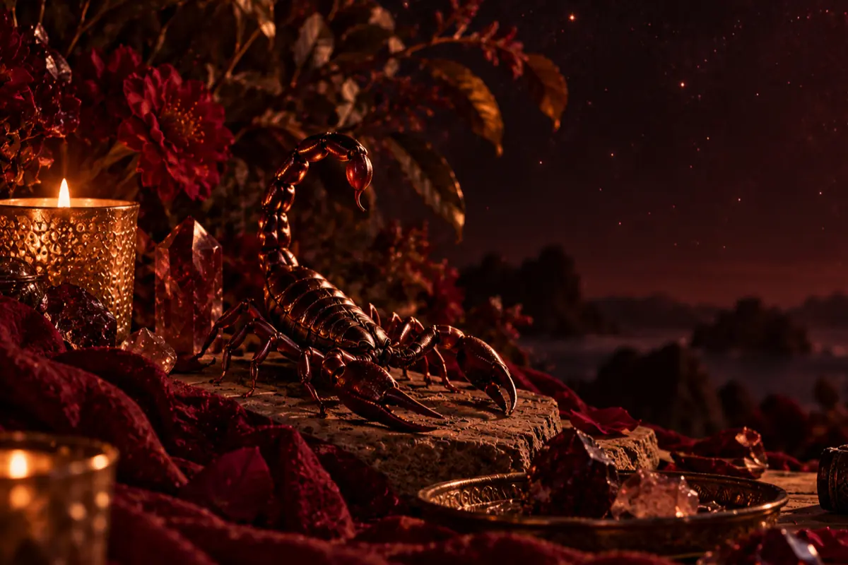 Shiny metallic scorpion on a rock surrounded by lit candles, red fabrics, crystals, and dark flowers in a mystical nighttime setting Shiny metallic scorpion on a rock surrounded by lit candles, red fabrics, crystals, and dark flowers in a mystical nighttime setting