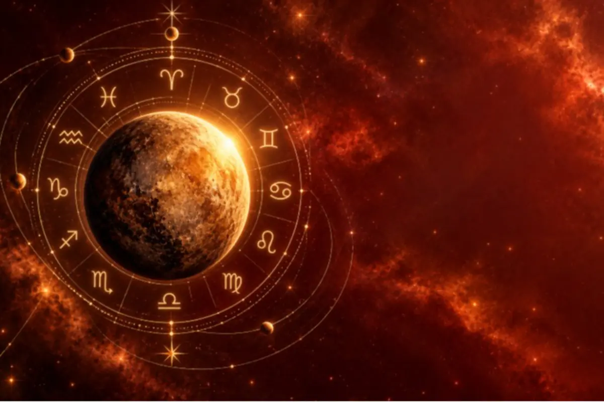 Planet surrounded by a circle of zodiac symbols against a bright red space background Planet surrounded by a circle of zodiac symbols against a bright red space background