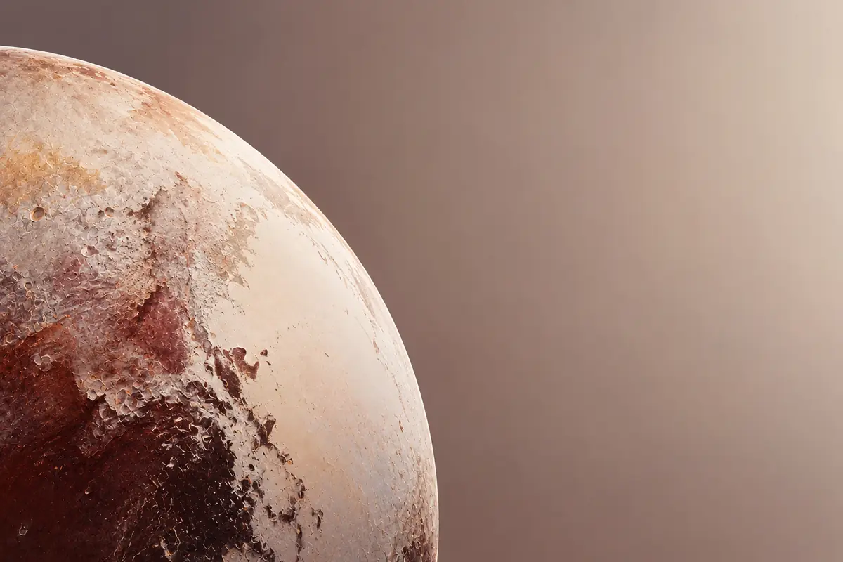 Planet in brown and beige tones seen in the foreground against a smooth, blurred background Planet in brown and beige tones seen in the foreground against a smooth, blurred background
