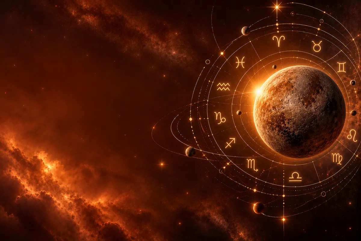 Bright planet in space surrounded by zodiac symbols and golden orbits against a background of orange nebulas Bright planet in space surrounded by zodiac symbols and golden orbits against a background of orange nebulas