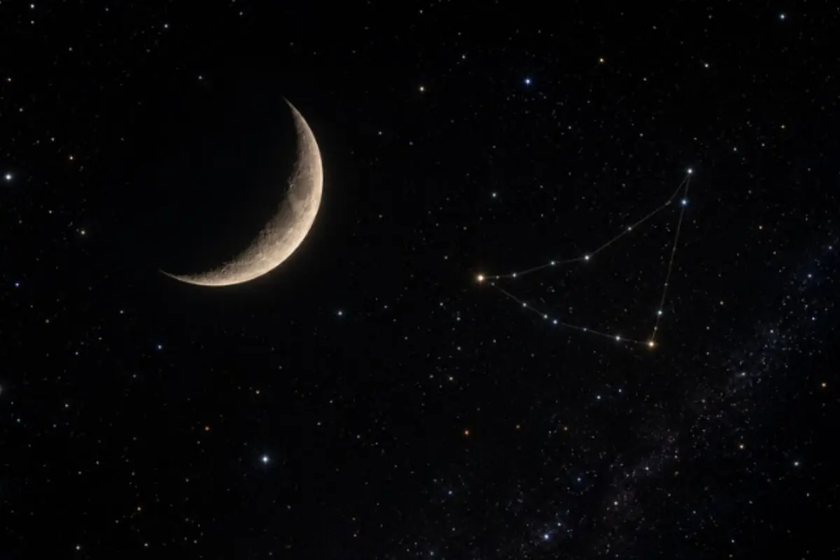 Crescent moon in a starry night sky next to a constellation highlighted with white lines. Crescent moon in a starry night sky next to a constellation highlighted with white lines.