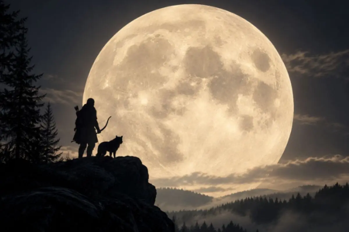 Hunter with a bow and dog on a wooded cliff facing a huge full moon illuminating the nighttime landscape. Hunter with a bow and dog on a wooded cliff facing a huge full moon illuminating the nighttime landscape.