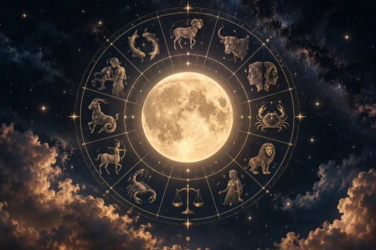 Illustration of the full moon in the center of a golden zodiac wheel with the twelve zodiac signs against a starry sky and illuminated clouds Illustration of the full moon in the center of a golden zodiac wheel with the twelve zodiac signs against a starry sky and illuminated clouds