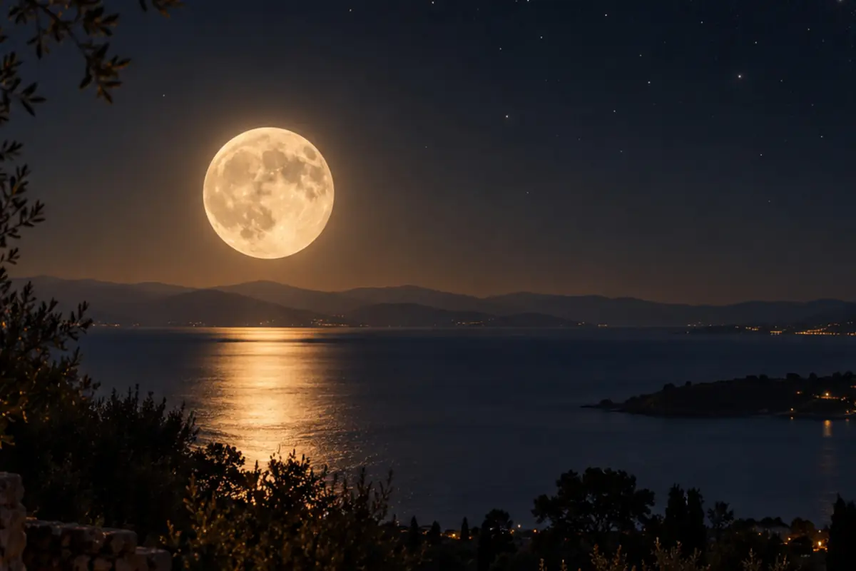 Bright full moon over the sea with its golden reflection on the water and dark mountains on the night horizon Bright full moon over the sea with its golden reflection on the water and dark mountains on the night horizon