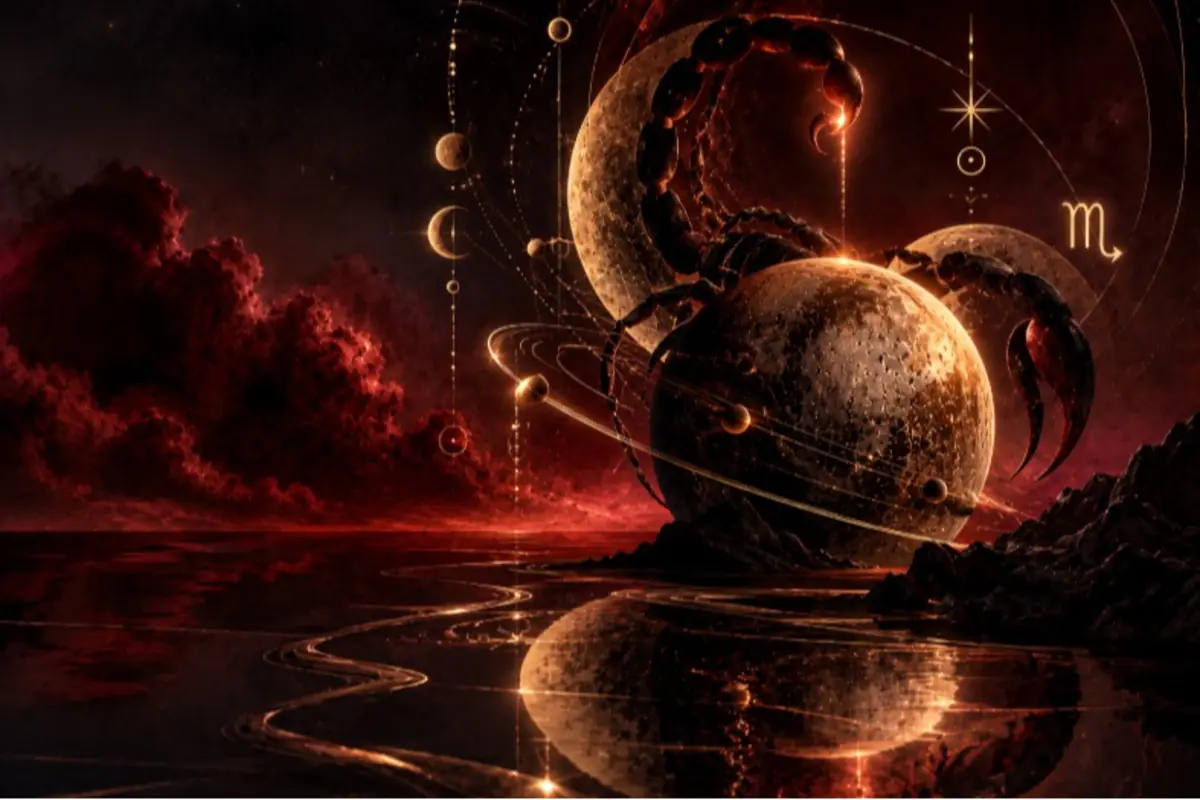 Dark cosmic scene with a huge scorpion formed by planets and golden orbits reflecting over a red sea under a sky full of clouds and Scorpio zodiac symbols Dark cosmic scene with a huge scorpion formed by planets and golden orbits reflecting over a red sea under a sky full of clouds and Scorpio zodiac symbols