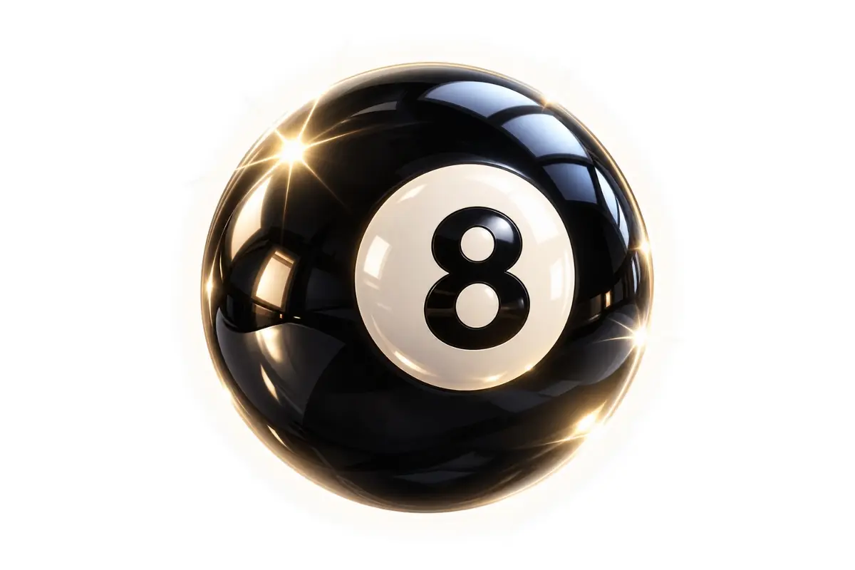 Shiny black 8-ball billiard ball on a white background