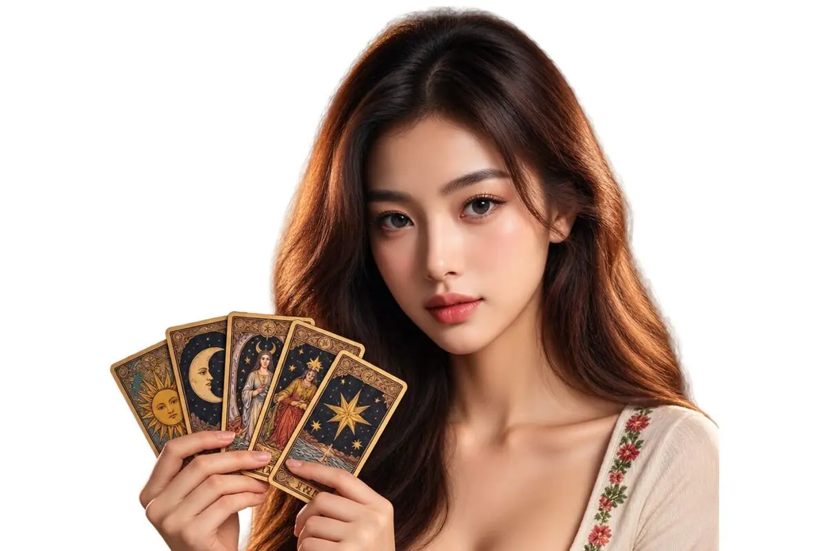 Young woman with long hair holding several tarot cards illustrated with symbols of the sun, the moon, and the stars on a white background