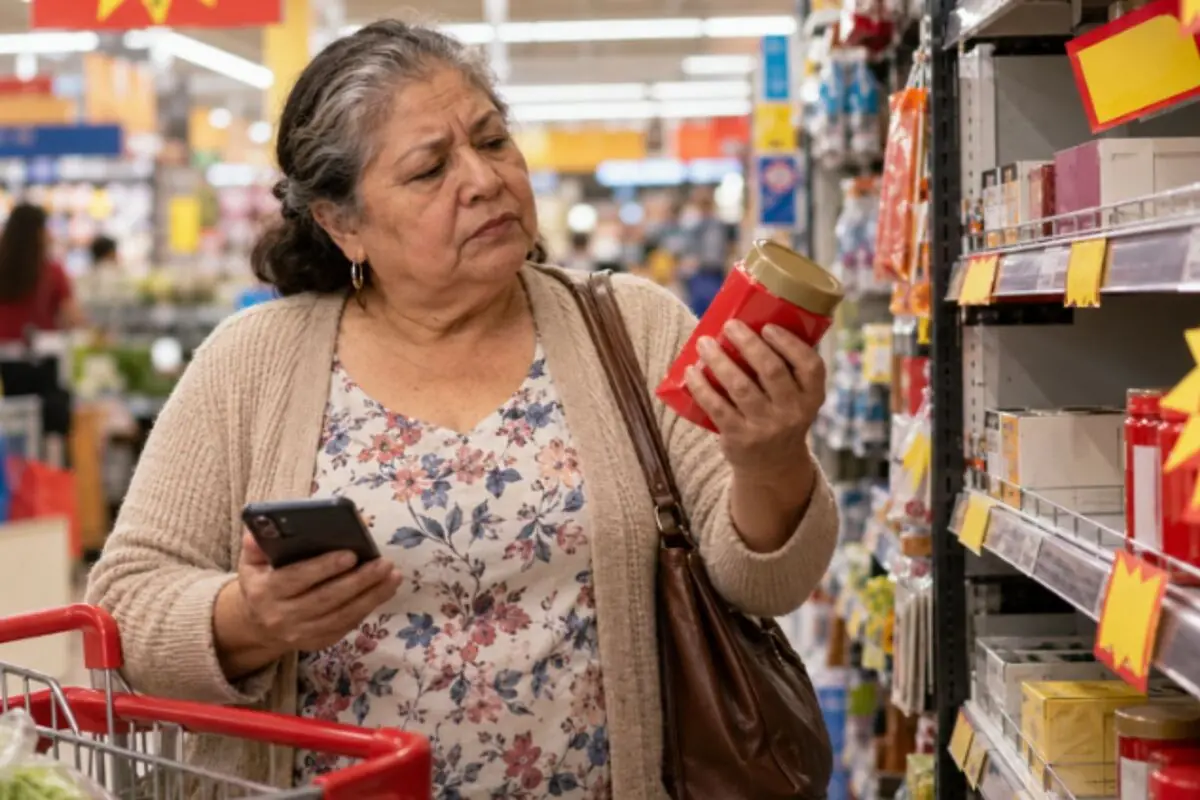 Older woman in a supermarket looking at a product label while holding her phone and pushing a shopping cart. Older woman in a supermarket looking at a product label while holding her phone and pushing a shopping cart.