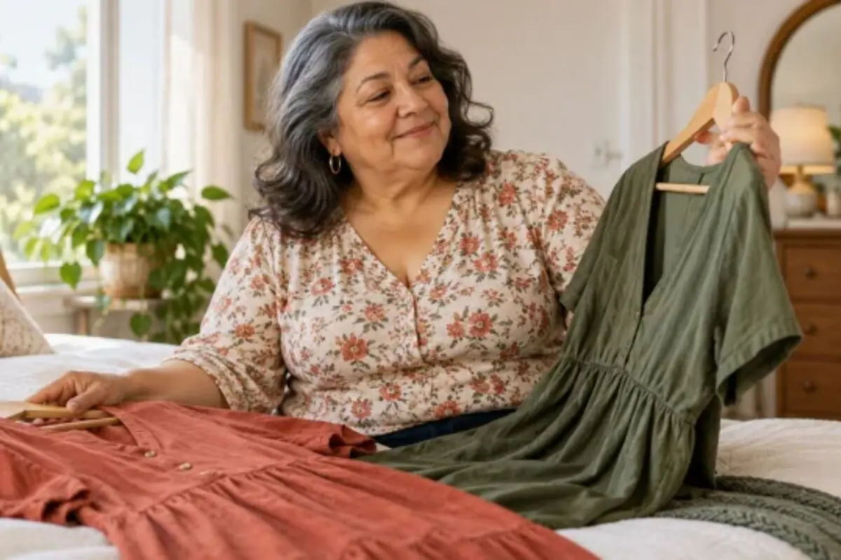 Smiling older woman sitting on the bed while comparing two dresses, one green and one red, in a room lit by natural light. Smiling older woman sitting on the bed while comparing two dresses, one green and one red, in a room lit by natural light.
