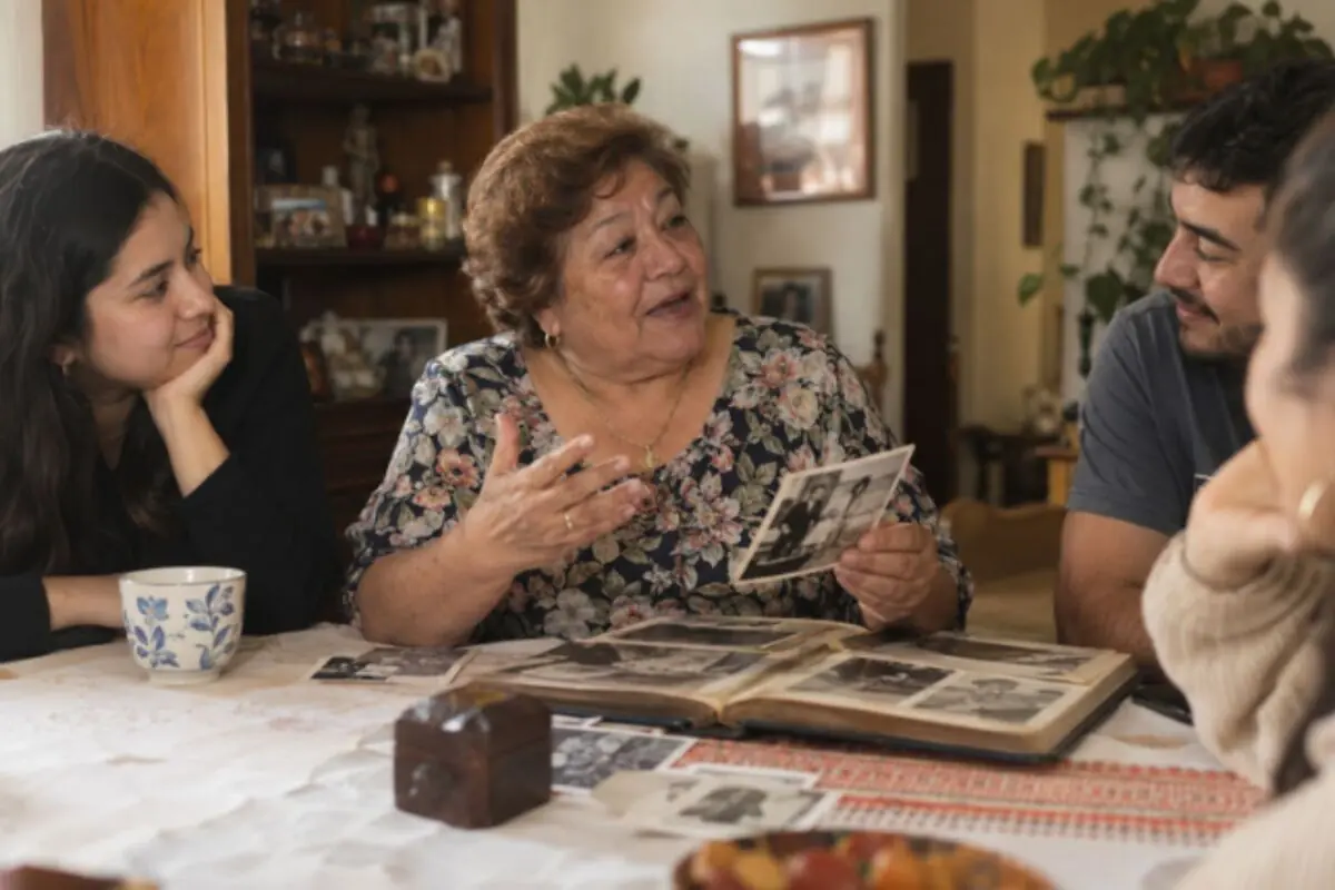 Grandmother showing old photos in an album while talking with her family around the table. Grandmother showing old photos in an album while talking with her family around the table.