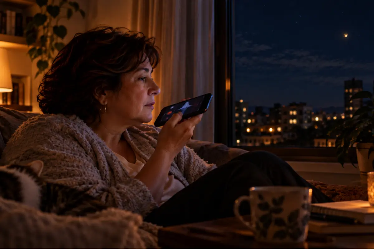 Woman sitting on a sofa at night talking on speakerphone on her cell phone next to a window overlooking the illuminated city Woman sitting on a sofa at night talking on speakerphone on her cell phone next to a window overlooking the illuminated city