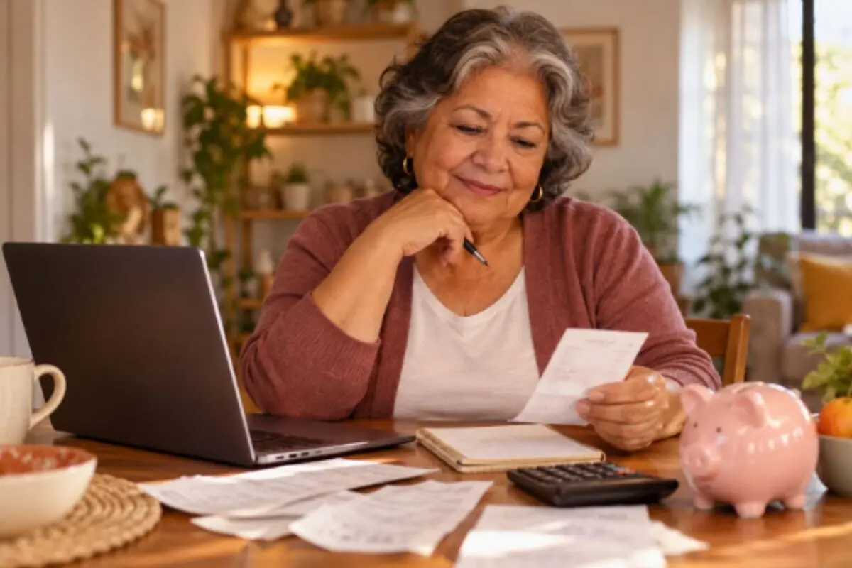 Older woman reviewing bills and accounts at her home table next to a laptop, calculator, and a pink piggy bank. Older woman reviewing bills and accounts at her home table next to a laptop, calculator, and a pink piggy bank.
