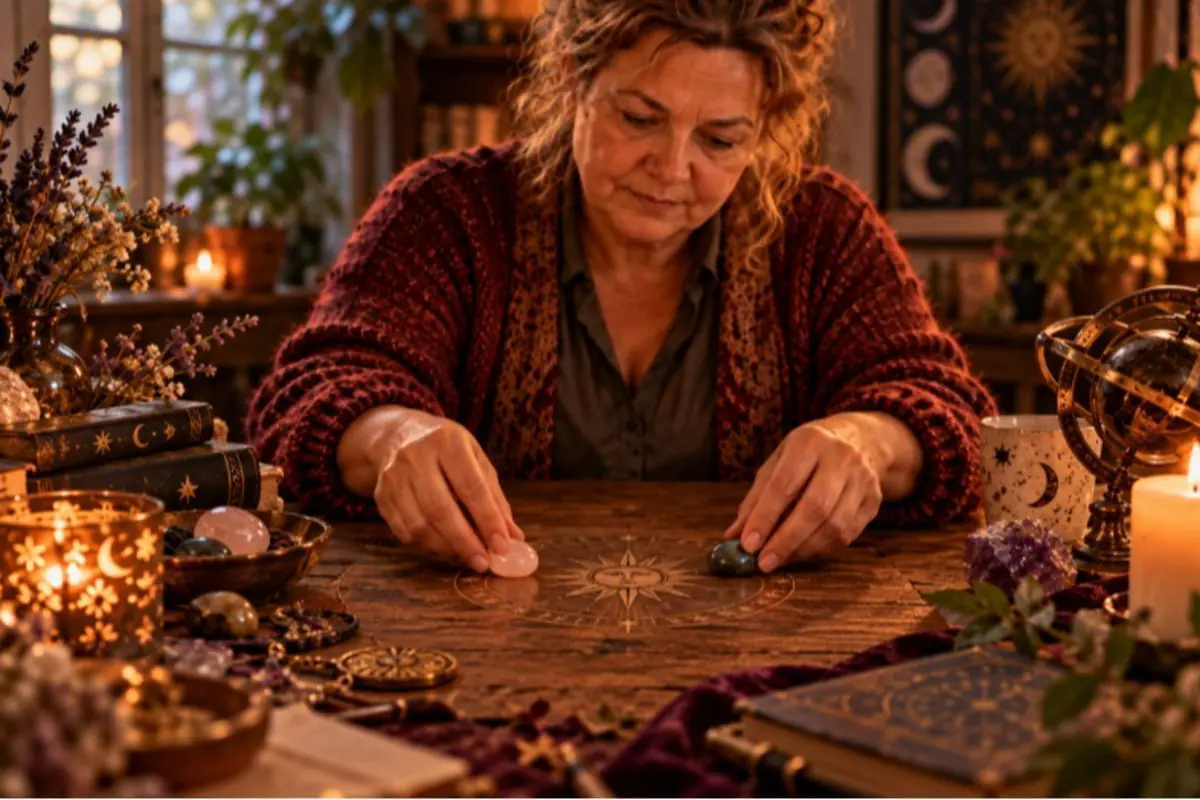Mature woman focused on placing energy stones on a table with esoteric symbols, surrounded by candles, books, and mystical objects