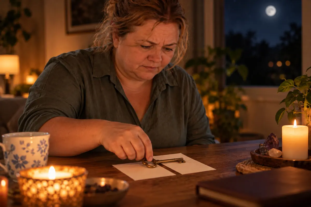 Woman focused on performing a ritual with an antique key over papers on a table lit by candles at night Woman focused on performing a ritual with an antique key over papers on a table lit by candles at night