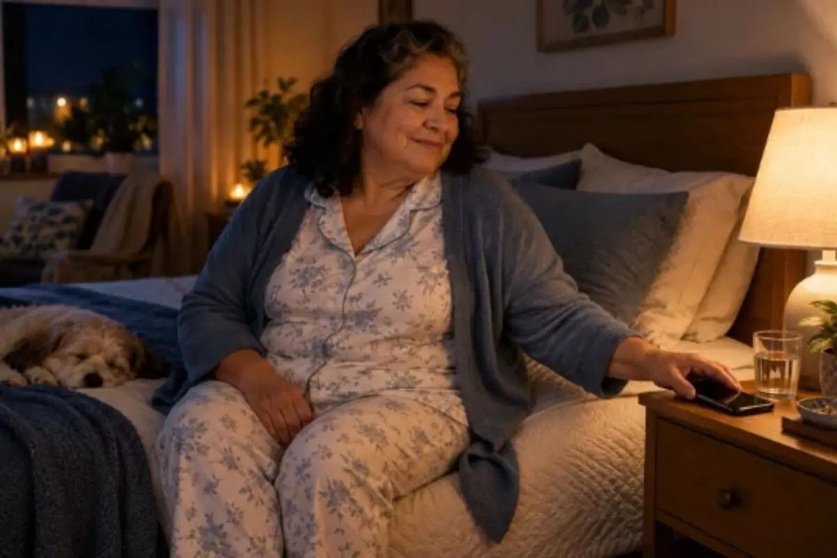 Older woman in pajamas sitting on the bed at night, gently touching her phone on the nightstand while a dog sleeps beside her. Older woman in pajamas sitting on the bed at night, gently touching her phone on the nightstand while a dog sleeps beside her.
