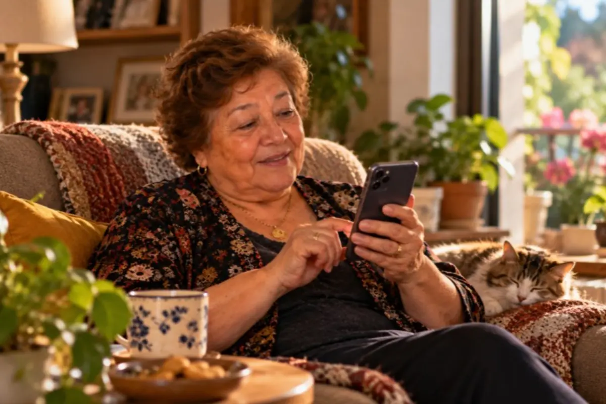 Elderly woman sitting on a couch using her cellphone while a cat sleeps beside her in a cozy living room
