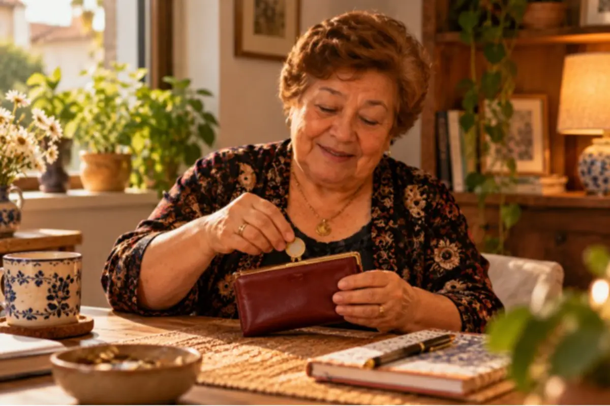 Smiling elderly woman puts a coin into her brown wallet while sitting at a table with a cup, notebook, and plants around her