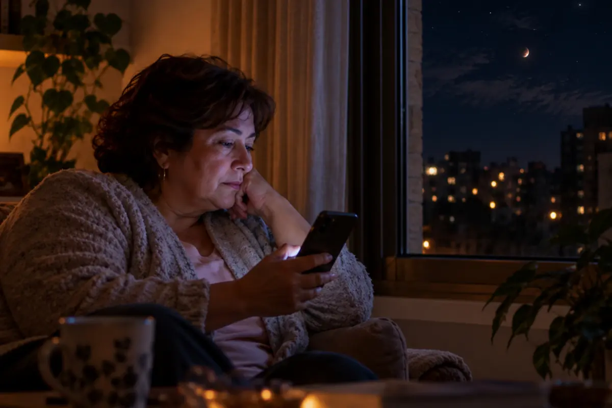 Middle-aged woman in a robe sitting on the couch looking at her cellphone at night next to a window with the illuminated city and a crescent moon in the background Middle-aged woman in a robe sitting on the couch looking at her cellphone at night next to a window with the illuminated city and a crescent moon in the background