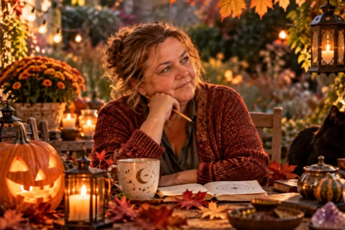 Pensive woman sitting at an outdoor autumn table surrounded by carved pumpkins, lit candles, dry leaves, a cup, and an open notebook, with a black cat by her side
