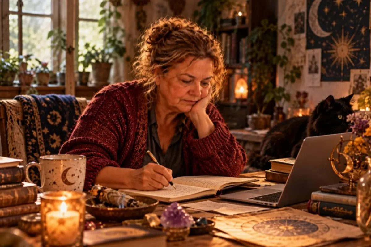 Mature woman writing in a notebook in front of a laptop at a table full of books, candles, crystals, and astrological cards in a cozy room with esoteric decor and a black cat by her side