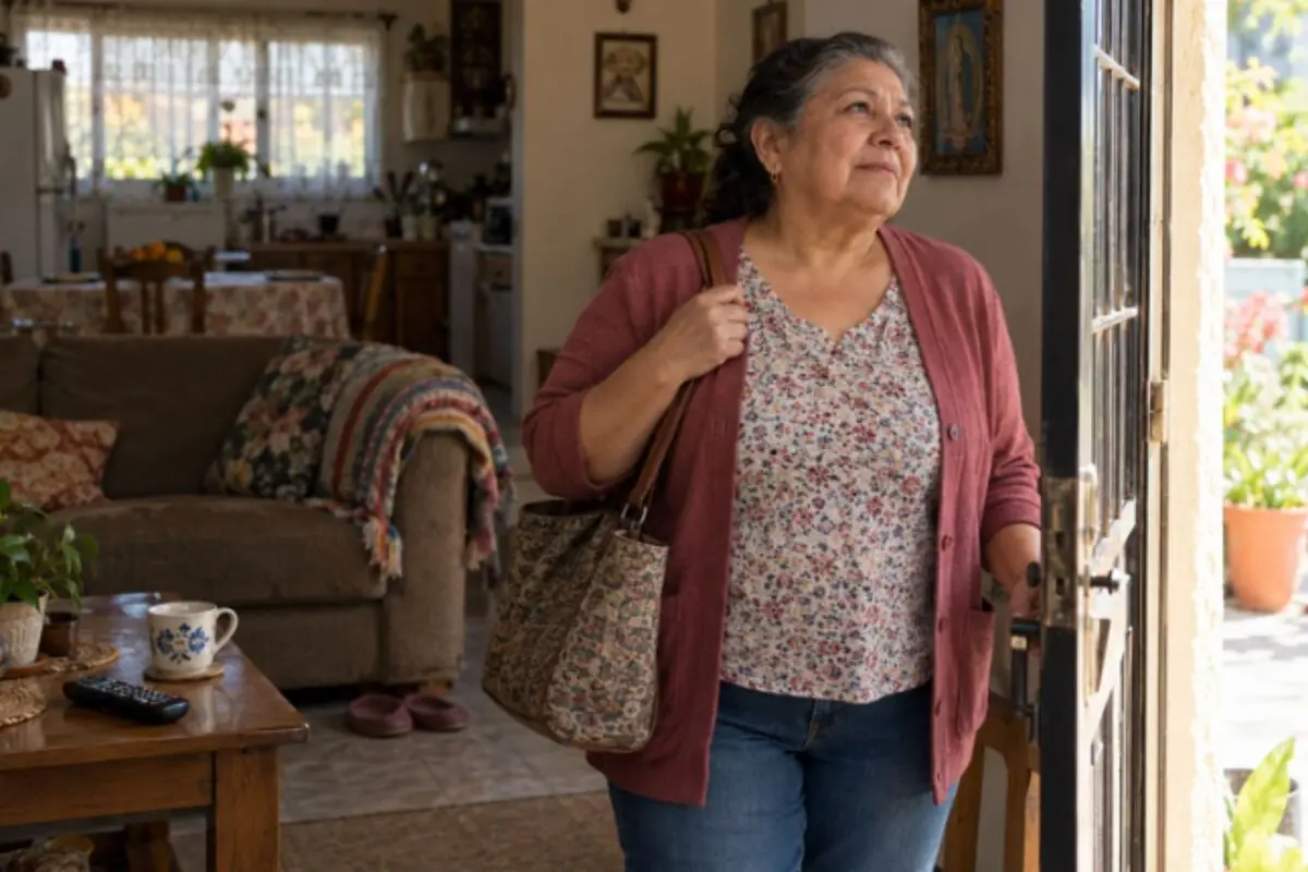 Older woman with a purse on her shoulder leaving through the door of her house while looking thoughtfully outside. Older woman with a purse on her shoulder leaving through the door of her house while looking thoughtfully outside.
