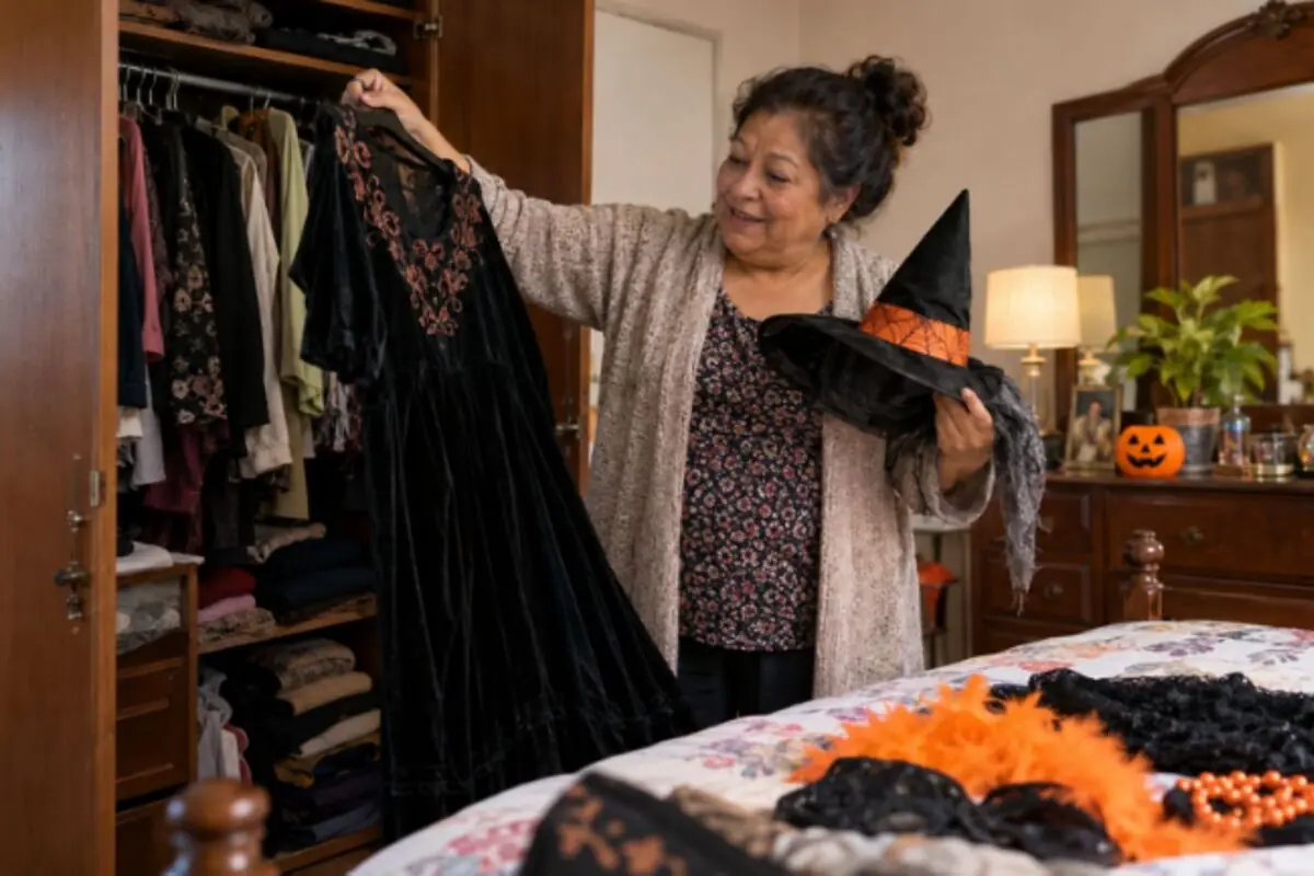 Smiling elderly woman in her room choosing a witch costume with a black dress and pointed hat while preparing Halloween accessories on the bed. Smiling elderly woman in her room choosing a witch costume with a black dress and pointed hat while preparing Halloween accessories on the bed.