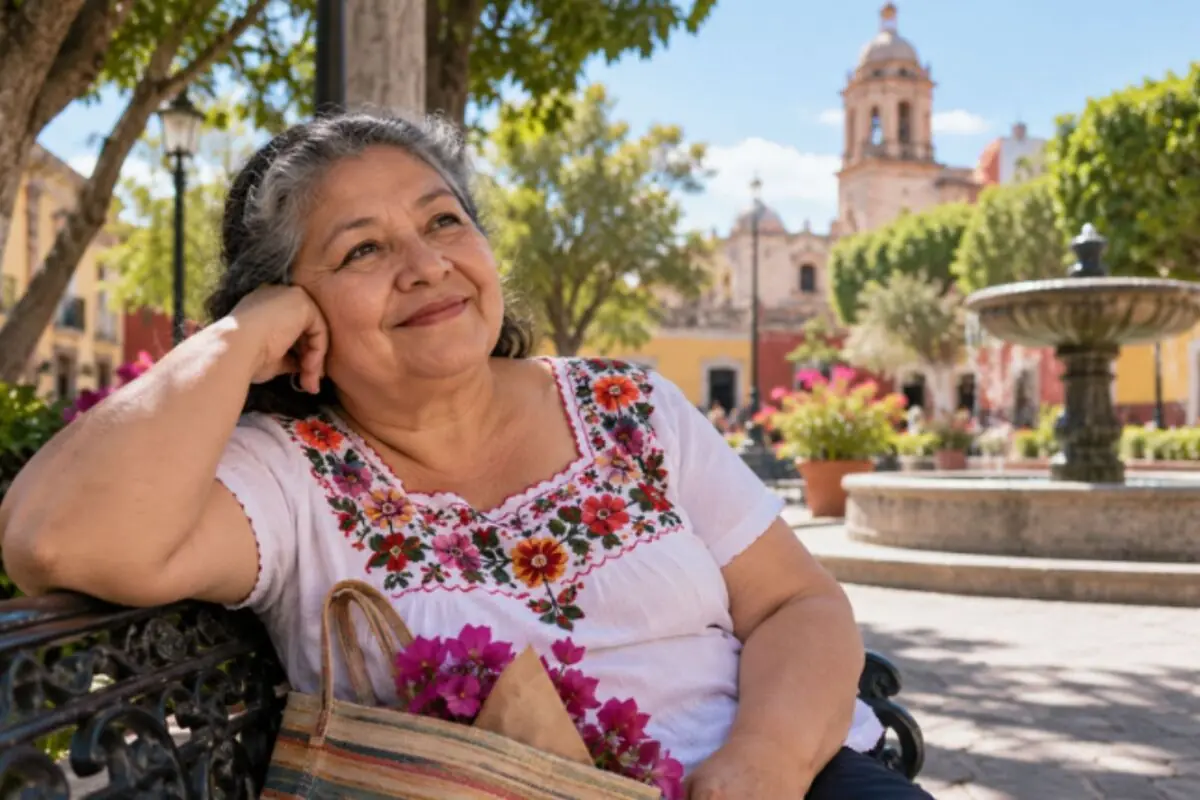 Elderly woman in a flower-embroidered blouse sitting on a bench in a sunny plaza with a fountain and colonial buildings in the background. Elderly woman in a flower-embroidered blouse sitting on a bench in a sunny plaza with a fountain and colonial buildings in the background.