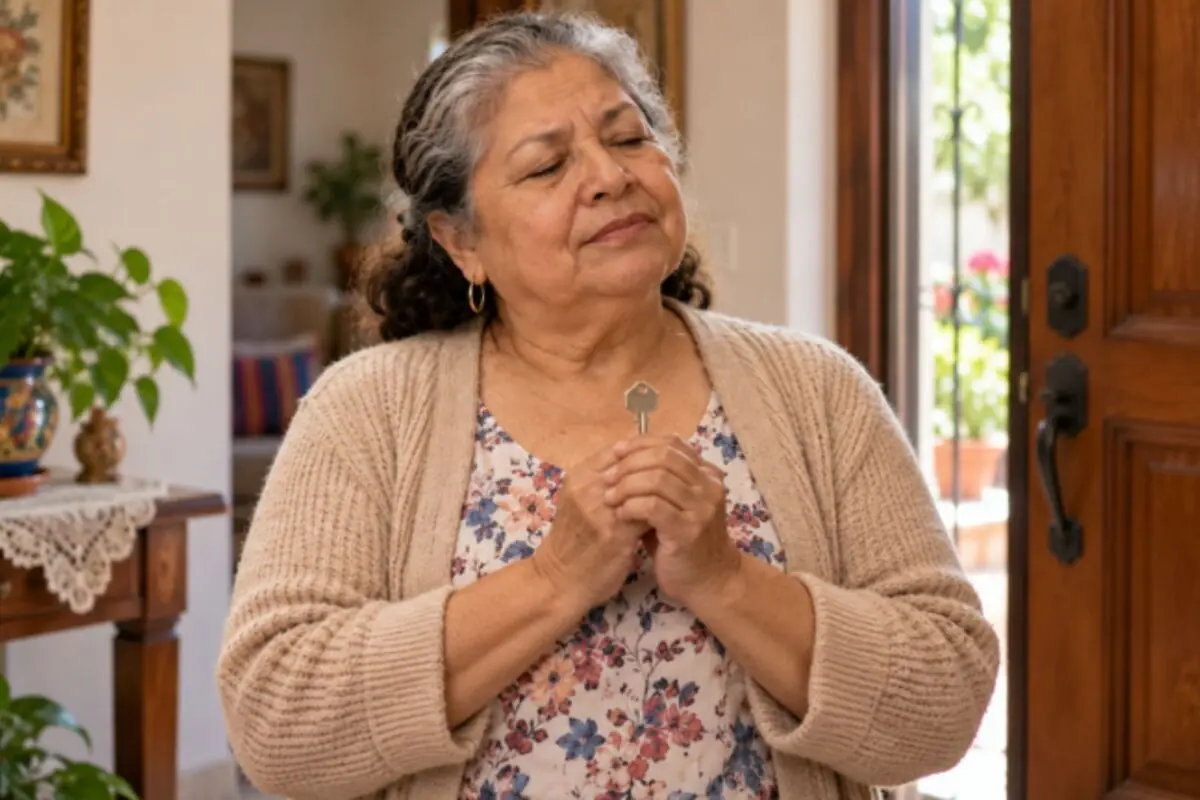 Older woman standing in the entrance of her home holding a key with a satisfied expression. Older woman standing in the entrance of her home holding a key with a satisfied expression.