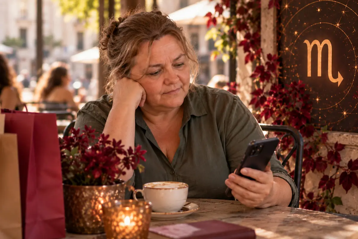 Thoughtful middle-aged woman on a cafΓ© terrace looking at her cell phone next to a cup of coffee, candles, red flowers, and a sign with the Scorpio zodiac symbol Thoughtful middle-aged woman on a cafΓ© terrace looking at her cell phone next to a cup of coffee, candles, red flowers, and a sign with the Scorpio zodiac symbol