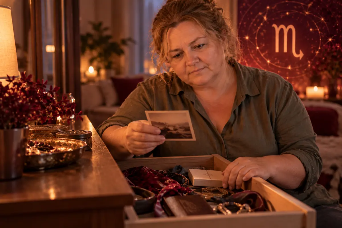 Middle-aged woman sitting in a warm, cozy room looking at an old photograph while going through a drawer full of memories, with lit candles and a Scorpio sign poster in the background Middle-aged woman sitting in a warm, cozy room looking at an old photograph while going through a drawer full of memories, with lit candles and a Scorpio sign poster in the background